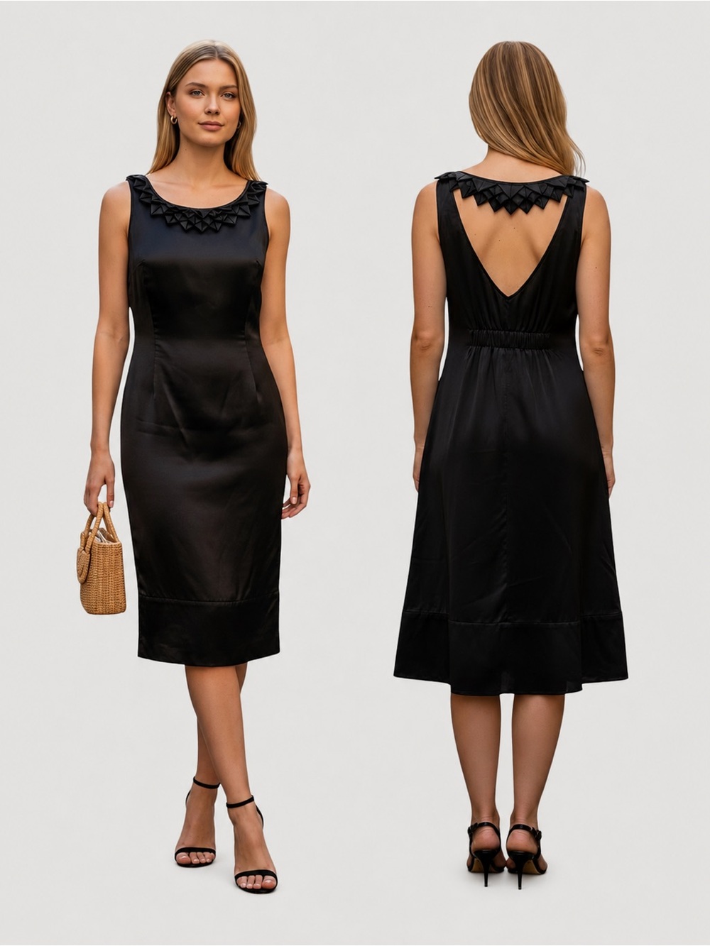 Ted Baker London Black Silk Blend Sleeveless Midi Dress Origami Trim Size 6